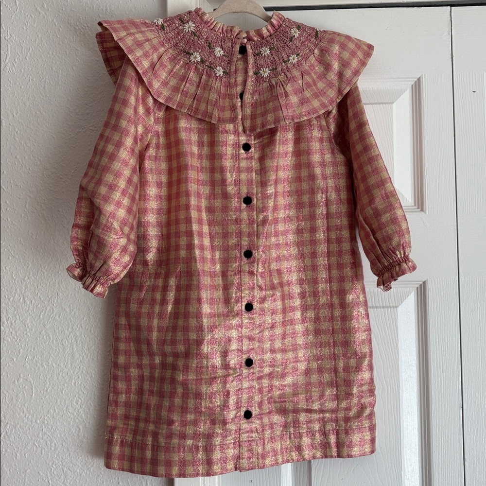 Bonjour Diary Girls Lurex Gingham Ruffle Floral Embroidered Smocked Collar Dress - Picture 4 of 7